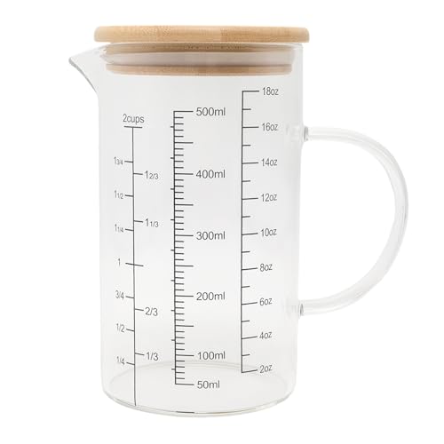 500ML Glass Measuring Cup with Bamboo Lid/OZ/Cup/ML Scales&V-Spout