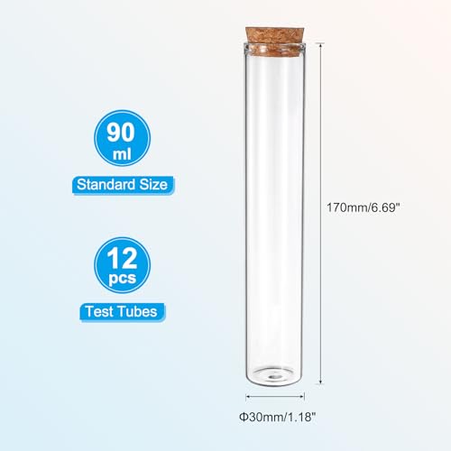 PATIKIL 90ml Test Tubes, 12pcs 6.69x1.18 Glass Clear Flat Bottom Test Tube Containers with Cork Stopper for Bead Party Candy Bath Salt Storage Scientific Experiment Plant Propagation - size: 90ml