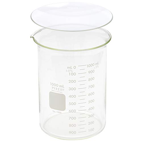 Corning Pyrex 1000-1L, 1000ml Glass Beaker with Corning Pyrex 9985-125, 125mm Watch Glass, Low Form Griffin, Double Scale (Single)