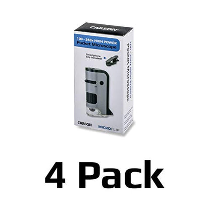 Carson MicroFlip 100x-250x LED and UV Lighted Pocket Microscope with Flip Down Slide Base and Adapter with CarsonCam Phone App - Set of 4 (MP-250MU) - style: Pack of 4