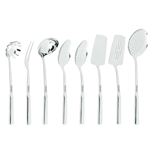 Viking Kitchen Utensils Set, 8 Piece Stainless Steel Cooking Utensil Set, Includes Spatulas, Spoons, Pasta Fork, Deep Ladle, Meat Fork, and Skimmer, Silver - size: 15.5" x 4.75", style: 8-Piece Set