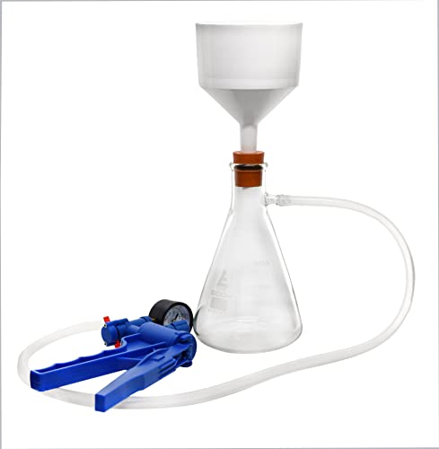 EISCO Complete Vacuum Filtration Kit - Includes 500mL Filtering Flask, Hand Vacuum Pump, Buchner Funnel, Filter Papers, Rubber Tubing & Stopper