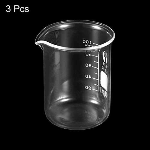PATIKIL 3Pcs 100ml Low Form Glass Beaker, 3.3 Borosilicate Glass Graduated Printed Scale Measuring Cups with Spout for Kitchen Lab Liquids - size: 100ml