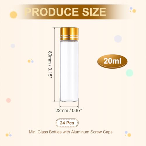 uxcell 24Pcs Small Glass Bottles Vials, 20ml Jars with Gold Aluminum Caps
