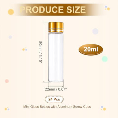 uxcell 24Pcs Small Glass Bottles Vials, 20ml Jars with Gold Aluminum Caps