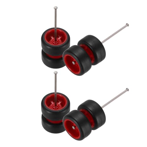 MECCANIXITY 4 Set 1/64 Wheels and Tires Set, Real Riders Rims Includes Axles for RC Diecast Car DIY Model, 5-Spoke Red Black Rims