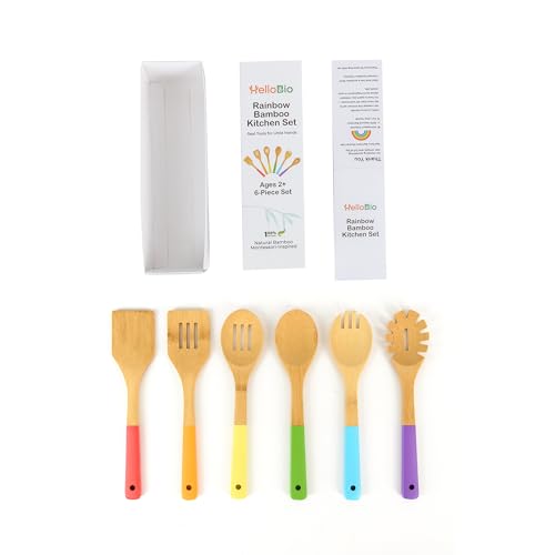 Rainbow Bamboo Kitchen Utensil Set for Kids – Montessori-Inspired 6-Piece Real Cooking Tools | Ages 2+ | Natural Bamboo | Color-Coded | Thoughtful Gift for Toddlers & Preschoolers