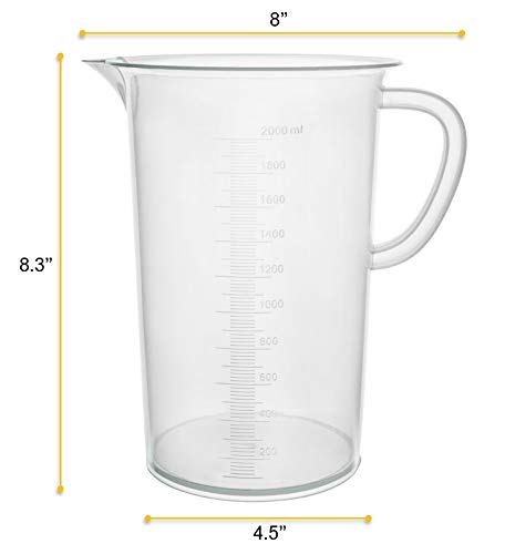 EISCO Plastic Pitcher, 2000mL (2L) - Molded Graduations - Chemical Resistant & Autoclavable Polypropylene - Measuring Jug - size: 8 inches x 9 inches x 8 inches