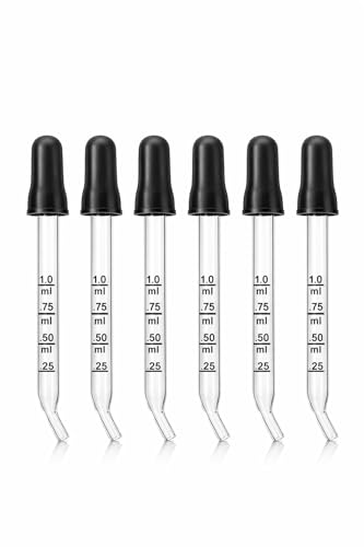 6Pcs Eye Droppers for Essential Oils, Pipettes Dropper with Black Rubber Head, Calibrated Thick Glass Medicine Dropping Pipettes, 1ml Droppers Measurer, Dropper for Liquids, Bent-Tip, 6-Pack
