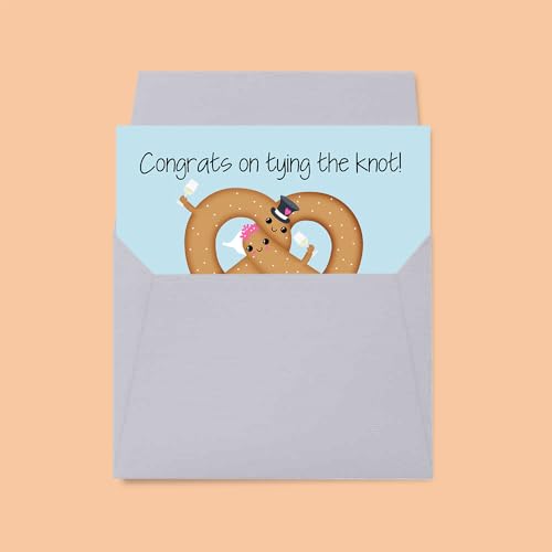 Amanda Creation Funny Wedding Card for Bride and Groom, 4x6 Blank Inside with Silver Envelope, Pretzel Newlywed Congratulations Greeting - style: Pretzel