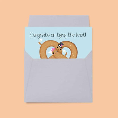 Amanda Creation Funny Wedding Card for Bride and Groom, 4x6 Blank Inside with Silver Envelope, Pretzel Newlywed Congratulations Greeting - style: Pretzel
