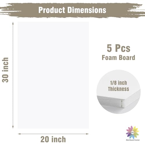 Mat Board Center 20x30 White Foam Boards Pack of 5, 1/8" Thick - color: White, size: 20x30