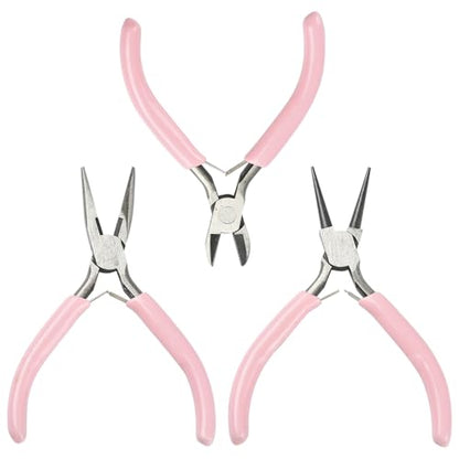 Jewelry Pliers Set (3-Piece) - Needle Nose Pliers, Round Nose Pliers & Wire Cutters for Jewelry Making, Repair, Wire Wrapping, Crafting - Professional DIY Tools (Pink) - color: Pink