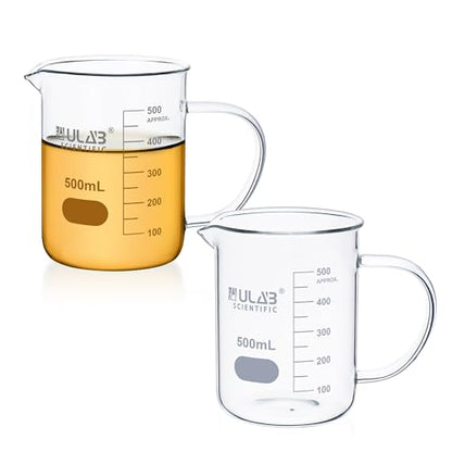 ULAB Glass Beaker with Handle, Vol. 500ml, 3.3 Borosilicate Griffin Low Form with Printed Graduation,Pack of 2,UBG1070