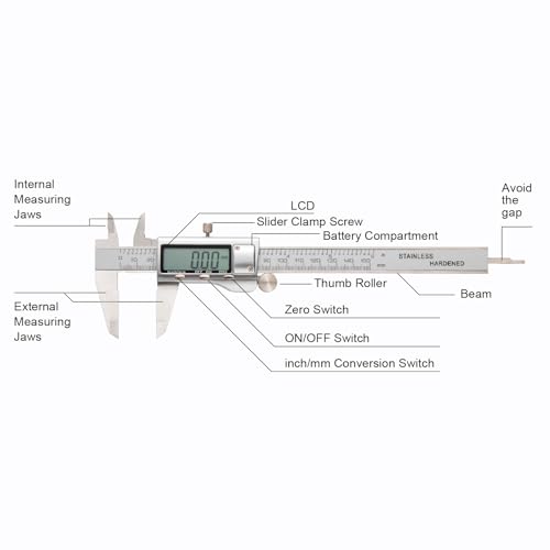 All-Metal Digital Caliper 0-6" Measuring Tool, Micrometer Caliper with Auto-Off Feature, Interchangeable Between inches and millimeters for DIY/Household and 3D Printing