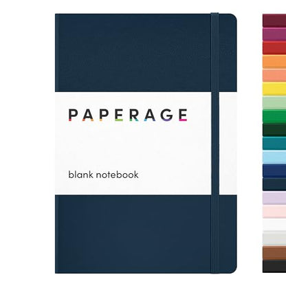 PAPERAGE Blank Journal Notebook, (Navy), 160 Pages, Medium 5.6 in x 8 in - 100 GSM Thick Paper – Hardcover Journaling Notebook for Work, School, Note Taking or Sketching - color: Navy, style: D. Blank