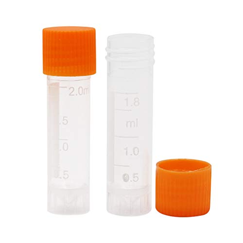 100 Pieces 2ml Plastic Graduated Vial Tube with Screw Caps, Test Tubes Small Test Sample Vial Storage Container for Lab (Orange) - color: Orange