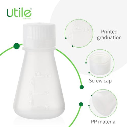 Utile Plastic Erlenmeyer Flask Set with Screw Caps, 6pcs of Vol.100ml Scientific Conical Flask Laboratory Flask, with Molded Graduations, 4023.0641.6 - size: 6 pcs of 100ml