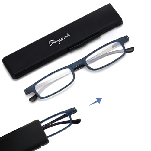 SKYOAK Ultra thin Lightweight Folding Reading Glasses Women Men TR90 Blue Light Blocking Anti UV/Eyestrain Foldable Compact Computer Readers Portable Unique Stretchable Slim Flat case Blue, +2.0 - color: Blue