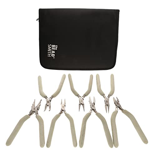 The Beadsmith Wire Elements Tool Set - 7-Piece Kit (Round Nose, Bent Chain Nose, Flush Cutter, Flat Nose, Nylon Jaw Flat Nose, Chain Nose & Wire Looper), Polished Steel Head with Comfort Grip Handle - style: 7 Piece Kit
