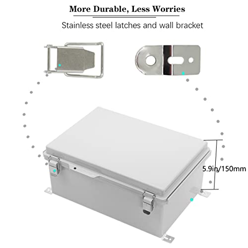 Zulkit Junction Box,IP67 Waterproof Electrical Box Hinged Cover Stainless Steel Buckle Plastic Enclosure for Project w Mounting Plate Wall Bracket and 2 Cable Gland Grey 13.8"x9.8"x5.9"/350x250x150mm - color: Grey Cover, size: 13.8"x9.8"x5.9"