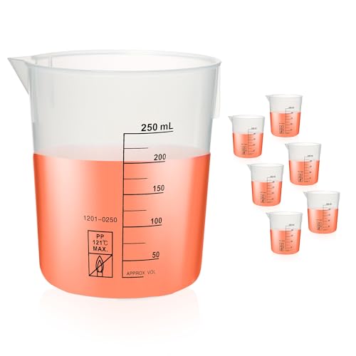 6 Pcs Plastic Beaker Set, 6pcs of 250ml(8.45oz) Black Graduated Beakers, Lab Beakers Plastic Measuring Cup with Dump Spout and Stacked Side Ribs, Suitable for Mixing and Measuring, BKLP250A6
