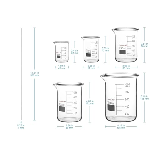 Glass Beaker Set (5 Sizes) Bundle with Glass Stirring Rods (11.81 Inch) - stonylab Bundle