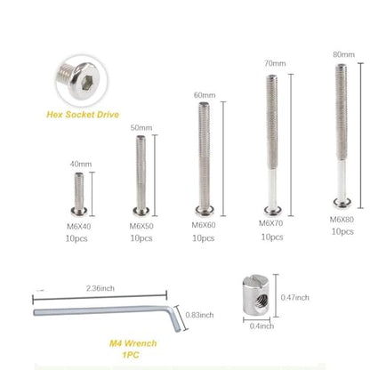 100pcs Baby Bed Crib Screws Hardware Replacement Kit- M6x40mm/ 50mm/ 60mm/ 70mm/ 80mm Hex Drive Socket Cap Screws Barrel Nuts Assortment Kit for Beds Headboards Chairs Furniture. - size: 100pcs