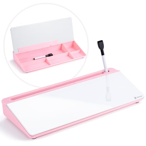 Varhomax Glass Desk Whiteboard with Storage, Desktop Organizer - color: Pink Base