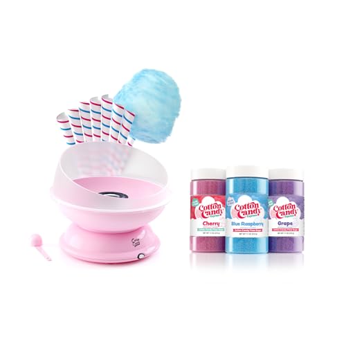 Cotton Candy Express CC1000-S Cotton Candy Machine, with 3 - 11oz. Jars of Cherry, Grape, Blue Raspberry, Orange, Pink Vanilla Floss Sugar & 50 Paper Cones Easy to Use and Clean - color: Pink Machine with 3 Flavors