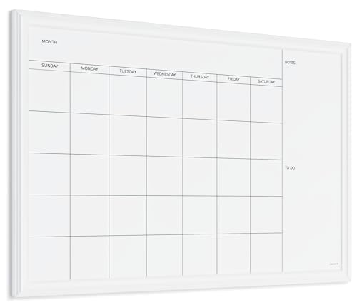 U Brands Magnetic Dry Erase Calendar White Board, 30" x 20", White Wood Style Frame, Includes Magnets - size: 30"W x 20"H