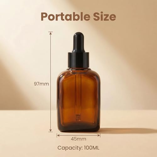 ericotry 3PCS 100ml Empty Refillable Square Amber Glass Droppers Essential Oil Bottles Aromatherapy Cosmetics Elite Fluid Container Jar Pot Holder with Glass Eye Dropper And Rubber Bulb