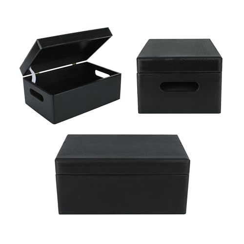 Creative Deco Large Black Wooden Box Storage with Hinged Lid - color: Black, size: L | Handles