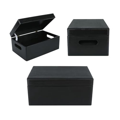 Creative Deco Large Black Wooden Box Storage with Hinged Lid - color: Black, size: L | Handles