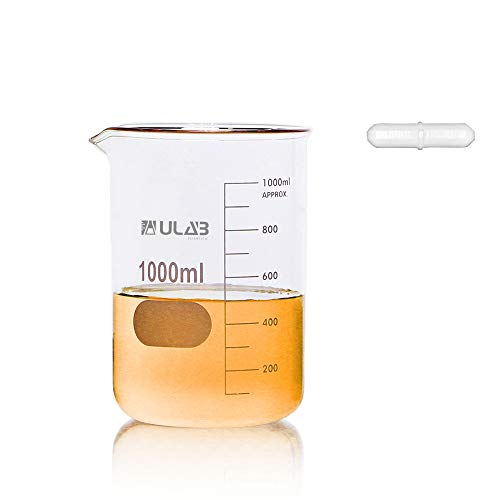 ULAB Scientific Griffin Low Form Glass Beaker, Vol.1000ml, 3.3 Borosilicate Glass, Printed Graduation, UBG1005 - style: 1000ml with Magnetic Stir Bar