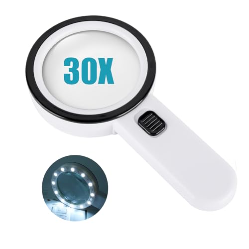 Magnifying Glass with Light - 30X Handheld Magnifying Glasses, 13LED Light, Illuminated Reading Magnifier for Seniors, Lighted Magnifier with UV Inspection