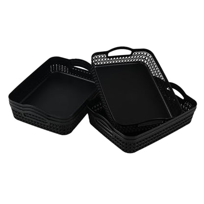 Set of 6 Large Plastic Storage Basket Tray, Black Shallow Paper Basket with Handle - size: Large