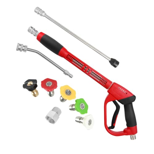 Upgraded Pressure Washer Gun with Extension Replacement Wand, M22 Fitting,7 Inch 30 Degree Curved Rod, 5 Nozzle Tips, 5000 PSI, 47 Inch - color: black and red