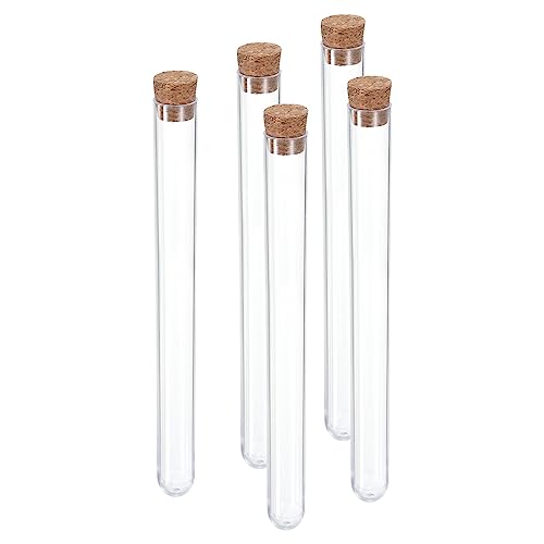 PATIKIL 13ml Plastic Test Tubes with Cork Stoppers, 5Pcs 150x15mm Tubes for Scientific Party Decoration Candy Bead Storage Bath Salt Lab Use, Clear - size: 150x15mm