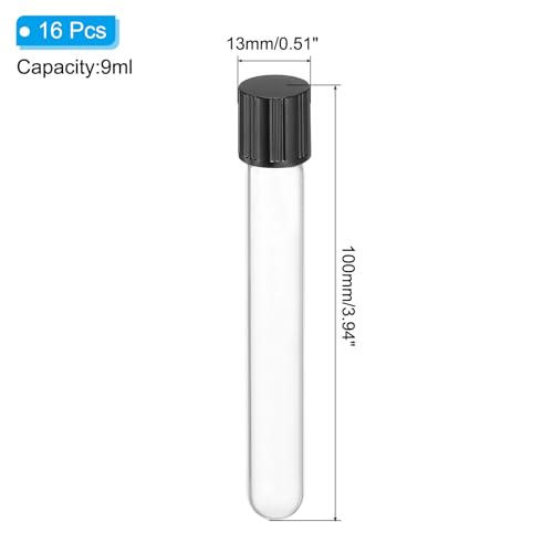 PATIKIL 9ml Test Tubes with Caps, 16pcs Glass Test Tubes Clear Round Bottom Test Tube Containers with Plastic Cap for Bead Candy Bath Salt Storage Scientific Experiment Plant, 13mmx100mm - size: 9ml