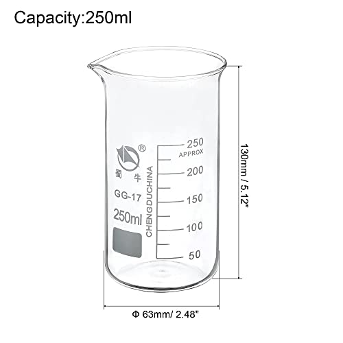 PATIKIL 250ml Tall Form Glass Beaker, 3.3 Borosilicate Glass Graduated Printed Scale Measuring Cups with Spout for Kitchen Lab Liquids Transit Boiling - size: 250ml