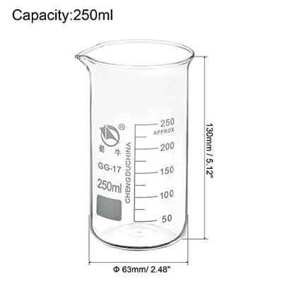 PATIKIL 250ml Tall Form Glass Beaker, 3.3 Borosilicate Glass Graduated Printed Scale Measuring Cups with Spout for Kitchen Lab Liquids Transit Boiling - size: 250ml