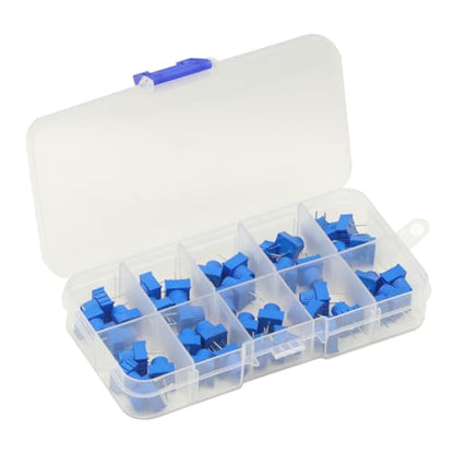 40Pcs 1K 2K 5K 10K 20K 50K 100K 500K Ohm 1M 500R 3386P Trim Potentiometer Kit with Blue Knobs Breadboard Compatible Variable Resistors