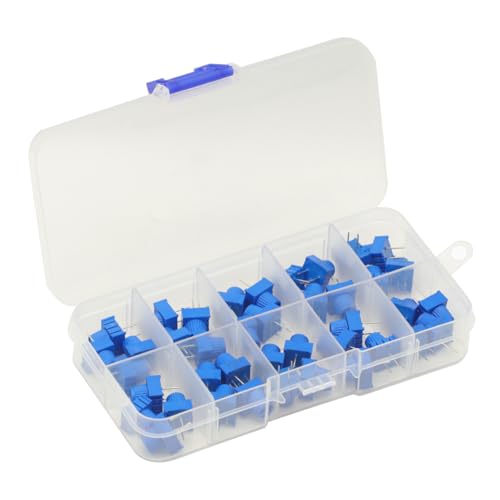 40Pcs 1K 2K 5K 10K 20K 50K 100K 500K Ohm 1M 500R 3386P Trim Potentiometer Kit with Blue Knobs Breadboard Compatible Variable Resistors