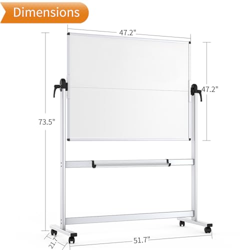 VIZ-PRO Rolling Whiteboard, 48" x 48" Mobile White Board with Stand - size: 48"W x 48"H