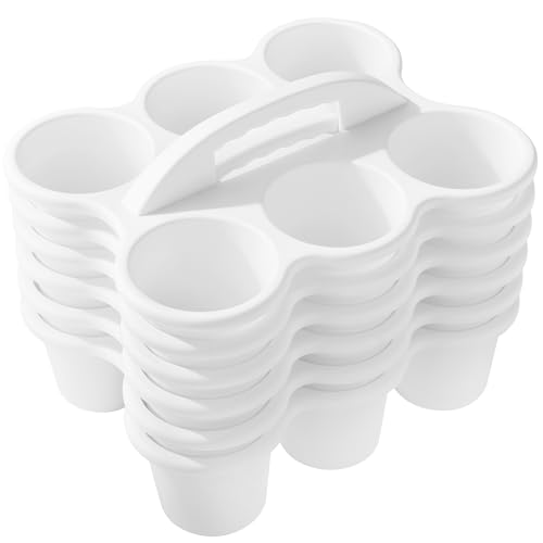 ALINK 6 Pack Classroom Caddy Storage Basket with Handle, Plastic Drink Cup Caddy Holder, 6 Compartments for Kids, Table, Office, Arts, Crafts, Crayon, Marker, Pencil, School Supplies - White - color: White