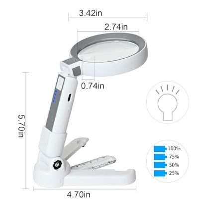 4X Rechargeable Magnifying Glass with 18 LED Light, Foldable Handheld Stand, Magnifying Glass with Light Ideal for Close Work, Seniors Reading, Macular Degeneration - Inbuilt Lithium Battery Included - size: 4X-10.5X