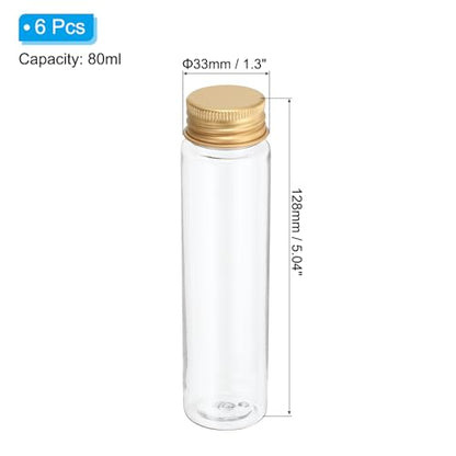 PATIKIL 80ml Plastic Test Tubes with Screw Caps, 6Pcs 128x33mm Flat Bottom Tubes for Scientific Party Decoration Candy Bead Storage Bath Salt, Gold Tone