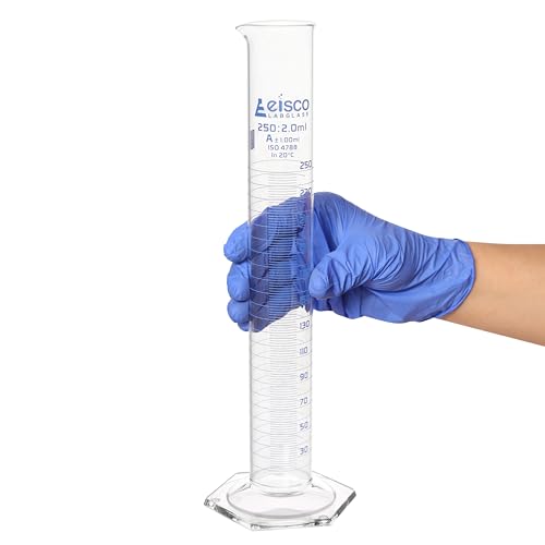 Graduated Cylinder, 250ml - Class A Tolerance ±1.00ml - Hexagonal Base - Blue Graduations - Borosilicate 3.3 Glass - Eisco Labs - size: 250mL