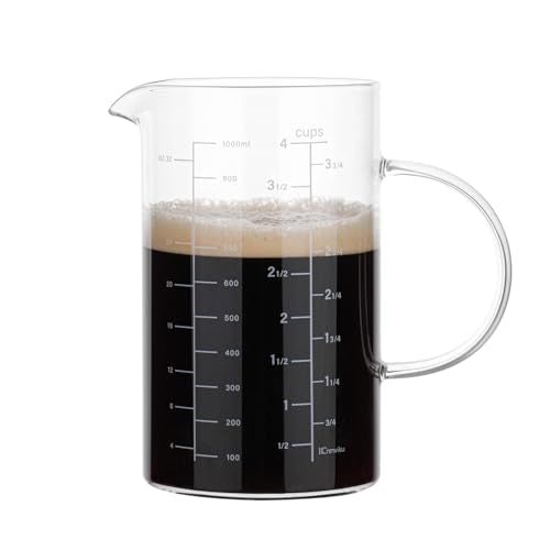 BCnmviku Glass Measuring Cup, Insulated handle, V-Shaped Spout, High Borosilicate Glass Measuring Cup 1000ML、 /1 Liter, 4 Cup for Kitchen or Restaurant, Easy To Read (1000ml-1pcs)